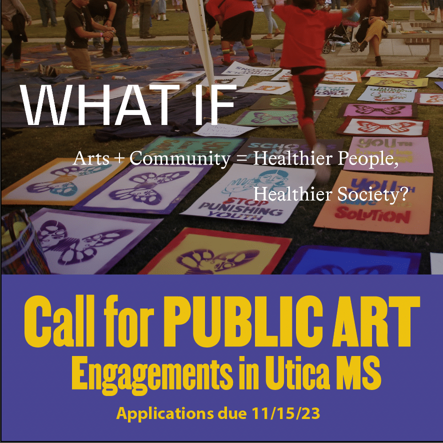 Background picture of Public Art installation with slogan: WHAT IF Arts + Community = Healthier People, Healthier Society?