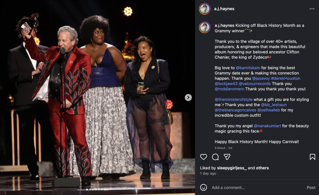 A.J. Haynes celebrates her Grammy win on Instagram